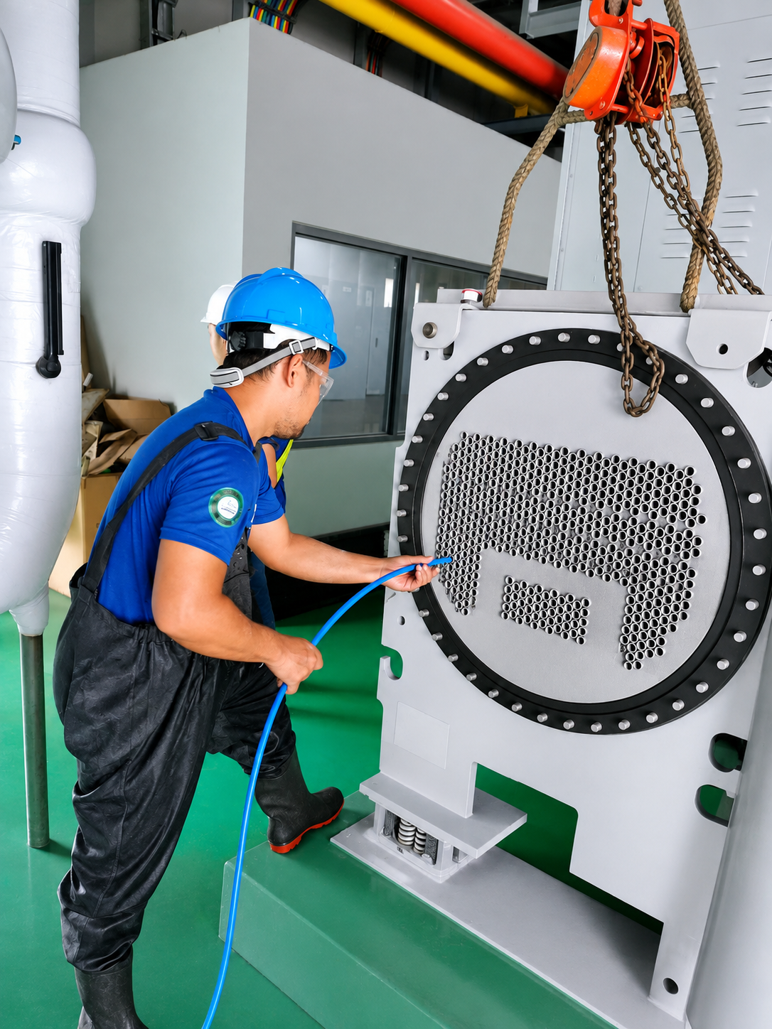 Technicians inspecting a piping and control panel system during chemical flushing