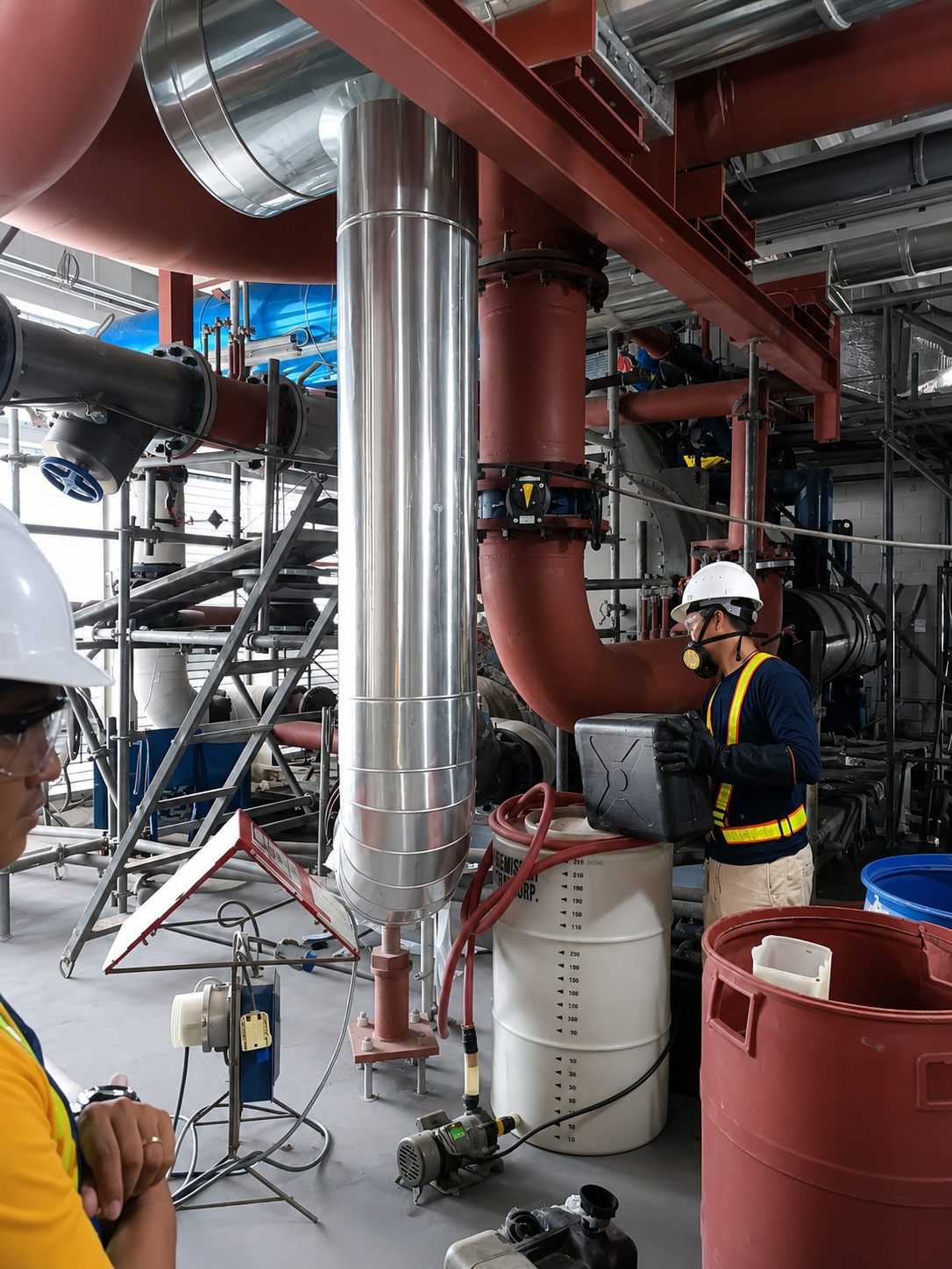 Technicians performing passivation on stainless steel piping