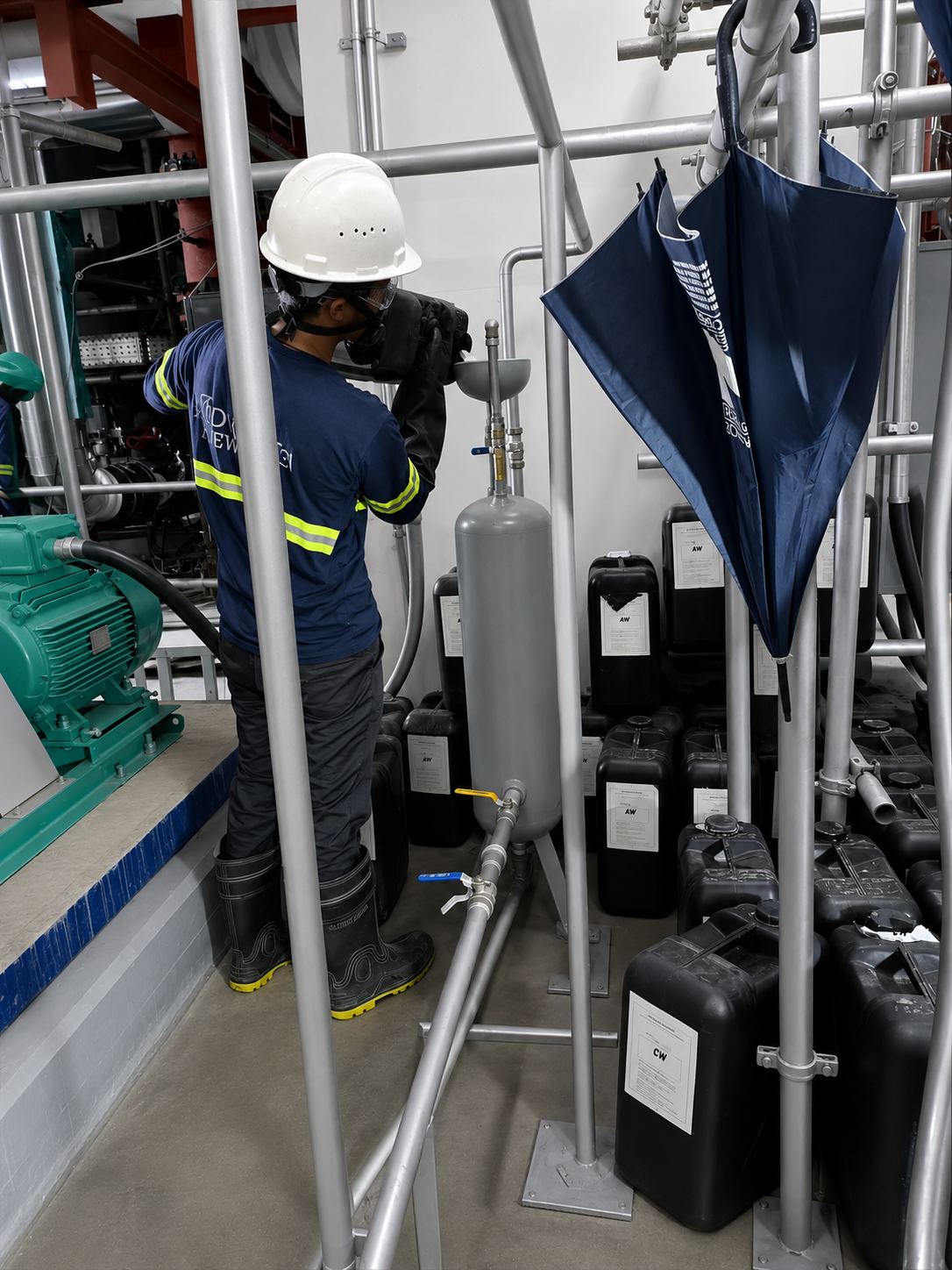 Technician performing chemical water treatment on industrial piping