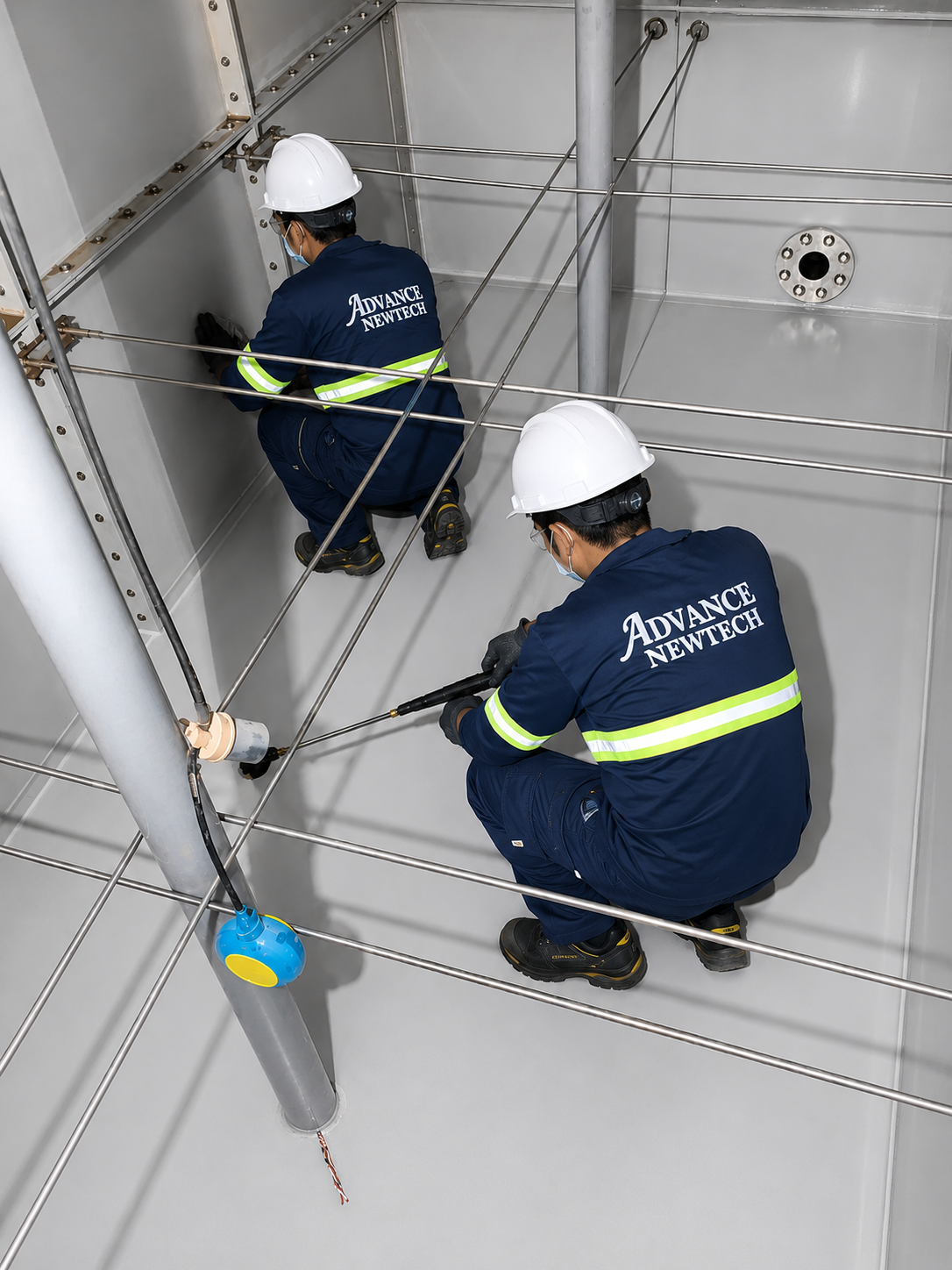 Technician testing water after pipe disinfection