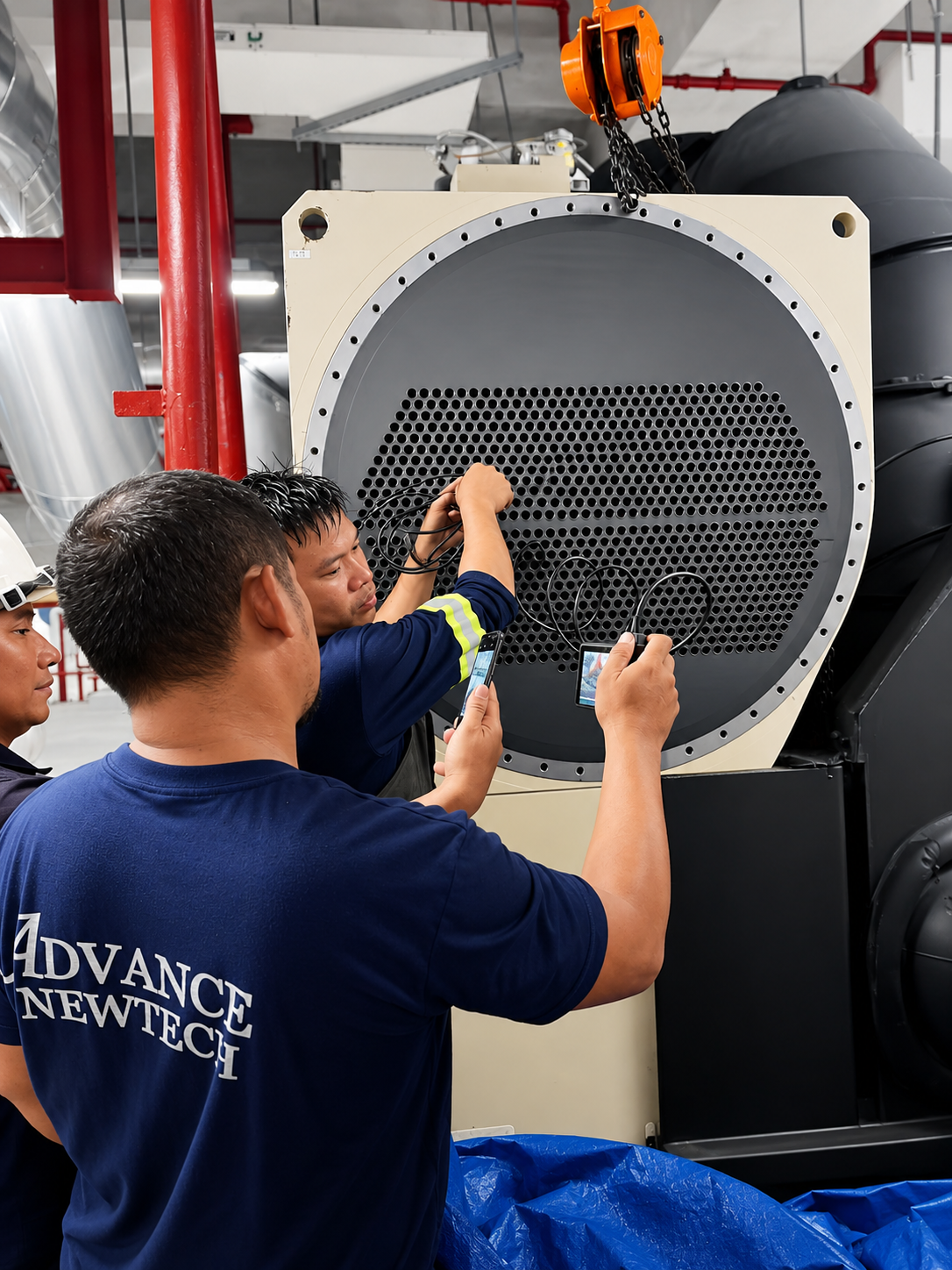 Technicians working on heat exchanger descaling