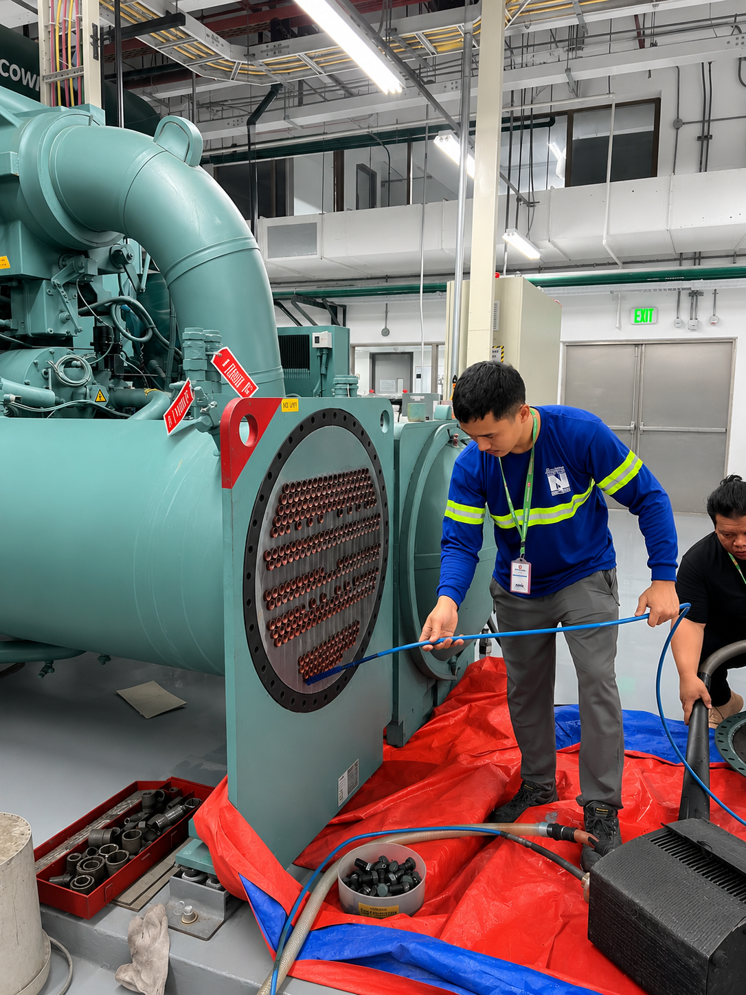 Disassembled heat exchanger plates during cleaning