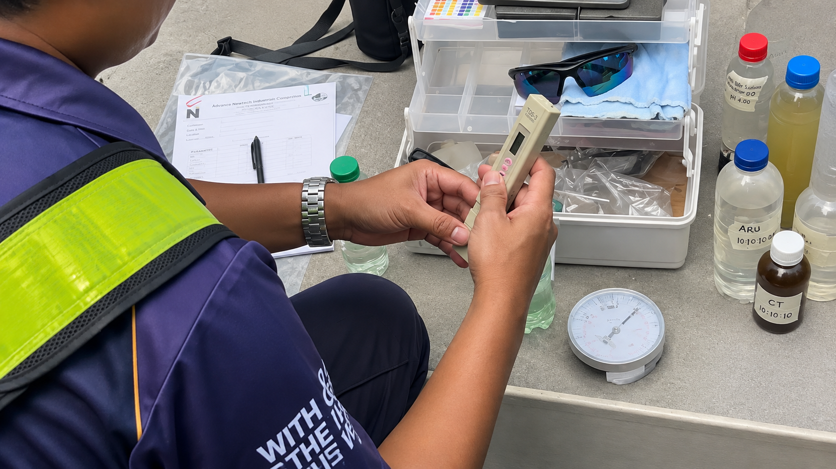 Technician conducting onsite water quality analysis
